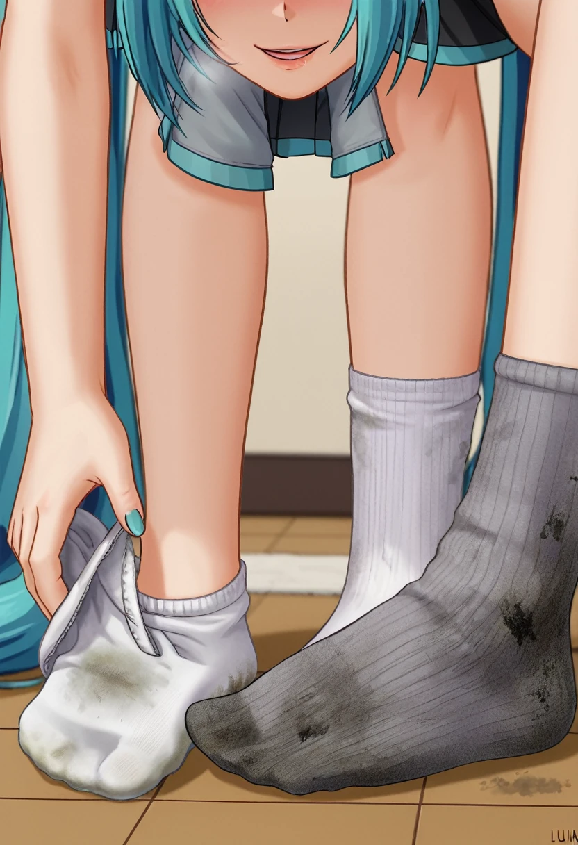 Hatsune miku, white socks, dirty socks, stinky socks, high socks, dominant look, close-view on socks. Masterpiece, UHD