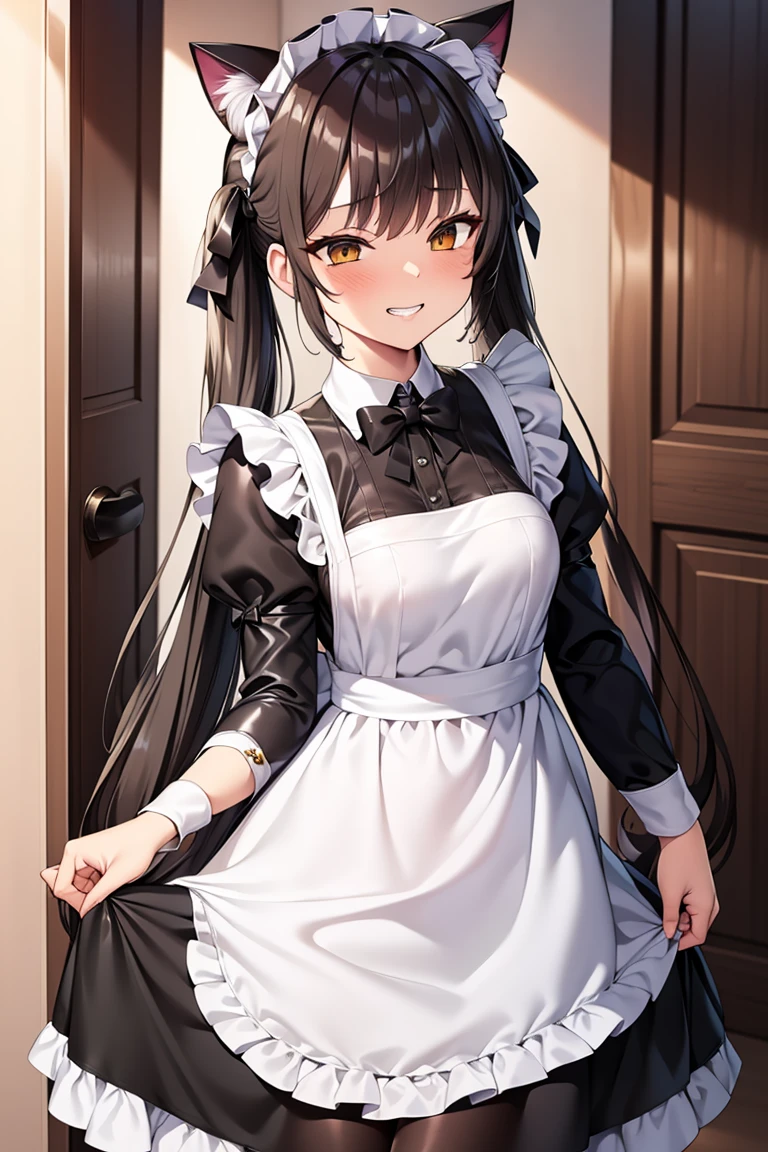 Private Maid, (compensate:1.2), Twin tails, Very long hair, Cat ear, Maid&#39;s Headdress, Hair Clip, Cleavage, Huge breasts, Neck bell, bow, ((Maid Apron)), White gloves, elbow gloves, Garter Straps, White knee socks, corruption, Hollow Eyes, Half-closed eyes, Wicked Smile, No students, Grin, Open your mouth, One girl, Mature Woman, Married women, (Dark Magical Girl), Dark Theme, Dark person