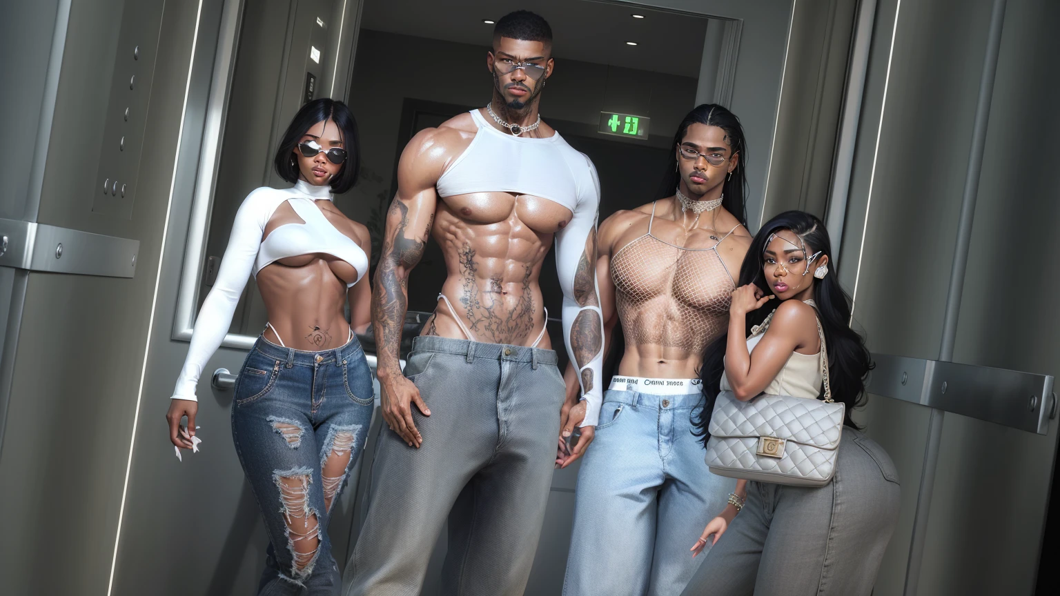 (masterpiece), (best quality), (ultra-detailed), ((masterpiece)) ((best quality)) ((ultra-detailed)) there are four people standing next to each other in a hallway, in clothes! highly detailed, shirtless :: high detail, hyperrealistic anatomy posse, hyper realistic”, hyper realistic ”, highly detailed full body, ripped clothing, imvu, diverse outfits, ( ( dark skin ) ), !!highly detailed, daz. detailed, no hood | | realistic shaded