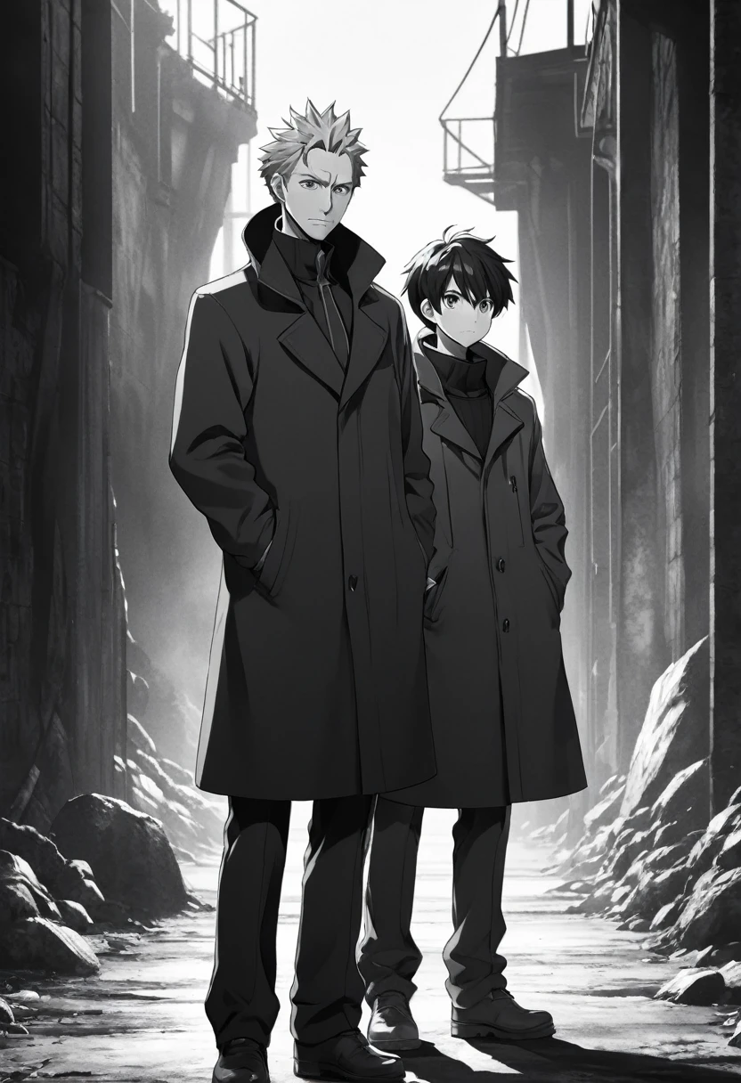 anime styling, monochrome,coal, standing alone, looking ahead at viewer, another middle aged man with his hand on the boy&#39;s shoulder short hair, ung boy, omori, shota, cloused mouth,Bblack hair, (armpit:1.3), (regatta), male focus, simple background, shiny pupils, Contour, black sweatshirt, white Contour, whole body,