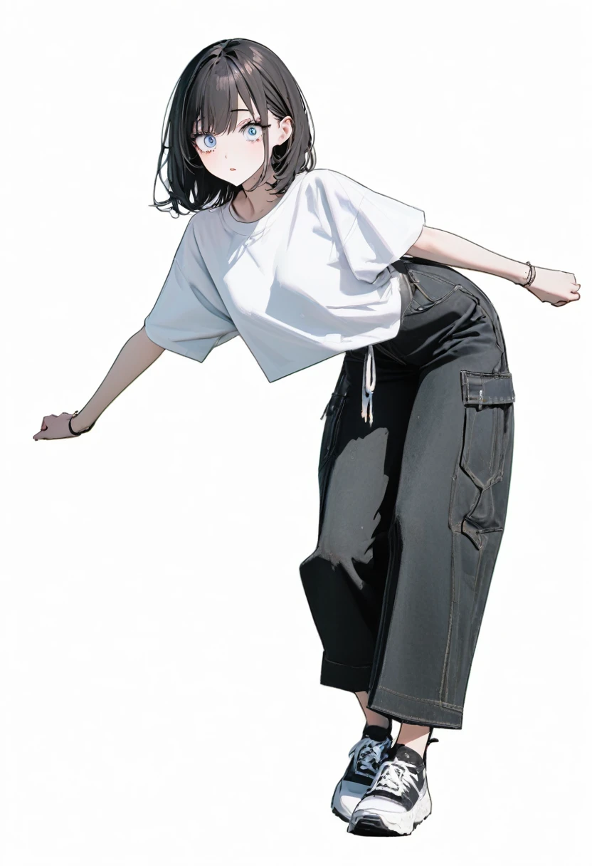 (Best, Highest quality: 1.2, 8K), Centre, Full Length, 1 Woman, Street Style Shirt, Black Wide Pants, Simple Sneakers, Simple Background, White Background, Large Eyes, Delicate Eyes, Beautiful Eyes