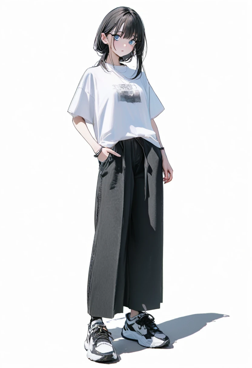 (Best, Highest quality: 1.2, 8K), Centre, Full Length, 1 Woman, Street Style Shirt, Black Wide Pants, Simple Sneakers, Simple Background, White Background, Large Eyes, Delicate Eyes, Beautiful Eyes