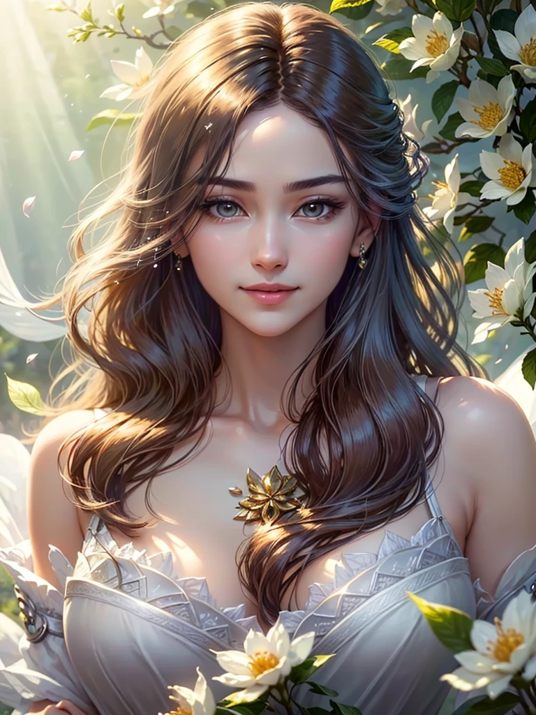 (Best quality,4K,a high resolution,ultra detailed,realistic:1.37),bright colors,Sun Ray,rays of light,bergamot,White flowers,beautiful girl,exquisite features,loose hair,A serene expression,garden furnishings,Exquisite dress,soft sunlight,gentle breeze,Cheerful atmosphere,Backlit stage,A hint of a smile,ethereal glowing,Fresh in the morning,long shadows,harmony of nature,subtle thoughts,natural beauty,Shimmering dew drops,clear details,Tranquility and tranquility,Superior Ingredients,Come to the branch,whispering leaves,Petals for aromatherapy,with glowing light,Sparkling glare,subtle shadows,soft focus,sublime beauty,Whisper natural,fantastic atmosphere,Illuminated background.