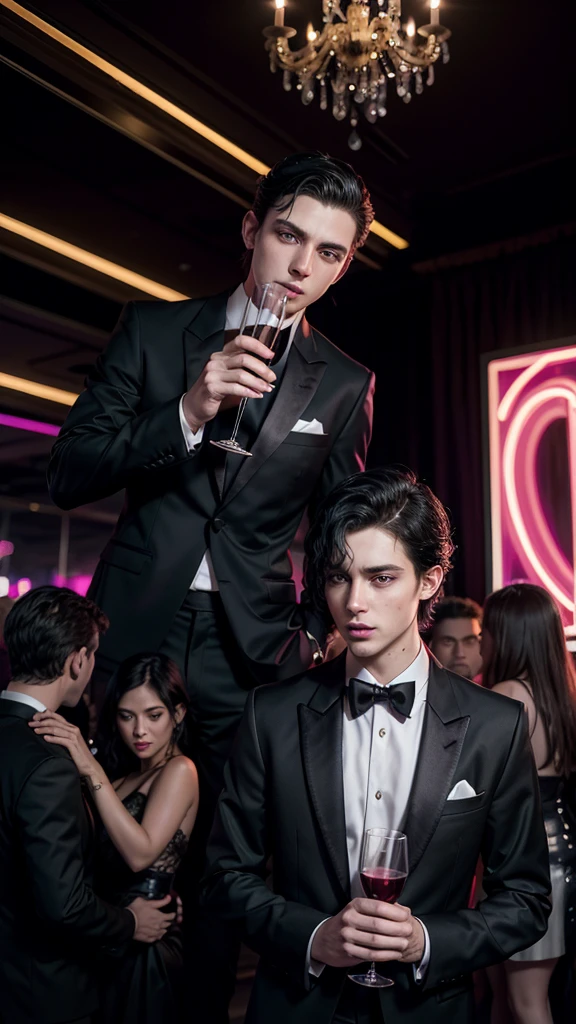 Scenery of a very chic party, with several guests drinking and dancing in the party's neon lights, a young white man, short straight black hair, dark eyes with thick lashes, slim, wearing a party tuxedo, holding a glass of champagne that flows a dark red liquid, realistic, photo, digital art