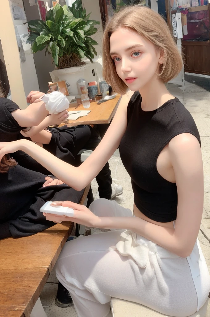 short straight hair, light brown eyes, white skin, black sunglasses