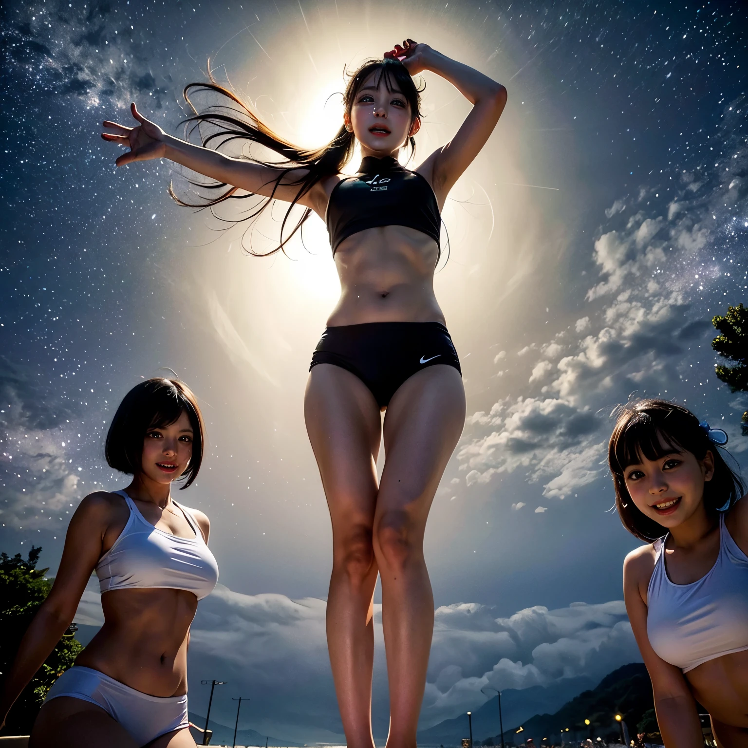  Masterpiece of ProfessionalPhoto ((ExtremelyDetailed (12 PICHIPICHI KAWAII Girls Floating in The Air in a row:1.37) in WHITE at Dusk Enoshima Beach)), {(Standing Full Body:1.2)|(from below:1.2)|Detailed KAWAII face}, Different types of hair colors, {(skinny(school swimwear))|(SchoolUniform)with Tiny AthleticShorts}, {(Corrected Childish hand)|Hidden hand|Different types of breasts|(Clearly Visible the shape of Butt)}, Joyful Expressions LifeLike Rendering, PerfectLighting, (Dazzling Horizon Visible through ThighGap), (Starry IridescentParticles:1.22) ColorfulClouds