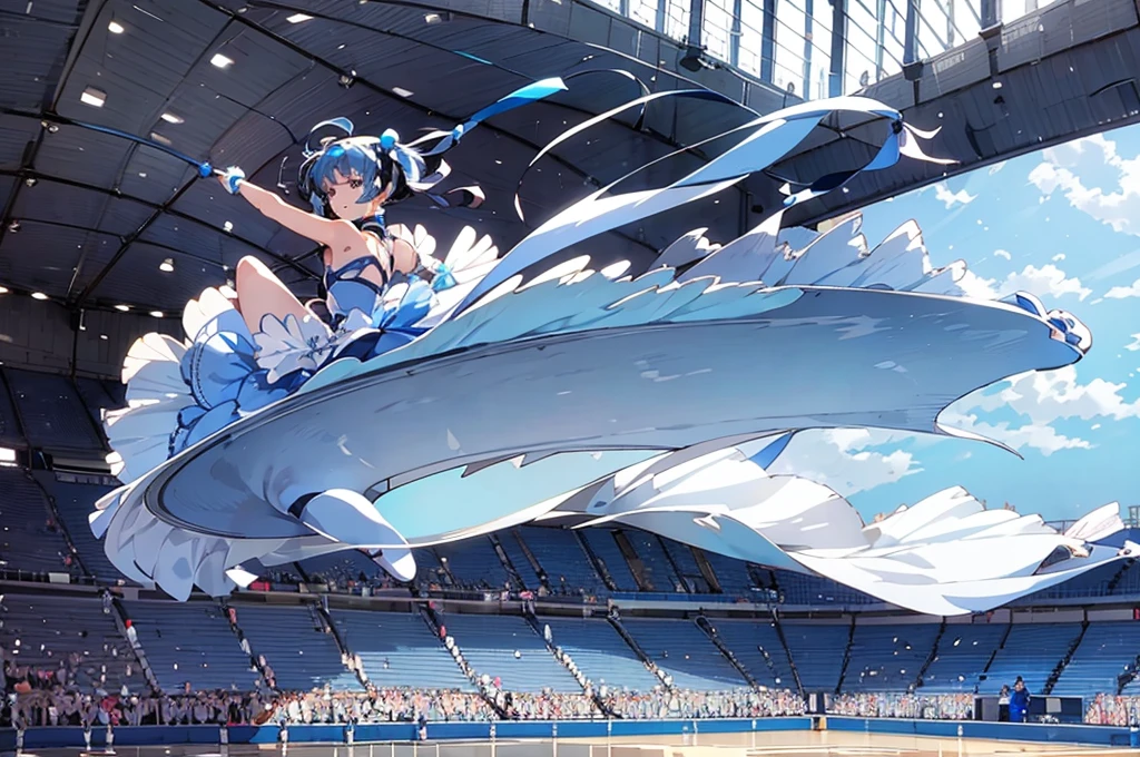Beautiful girl with long light blue hair, twin tails, rhythmic gymnastics ribbon, cute white leotard, bright smile