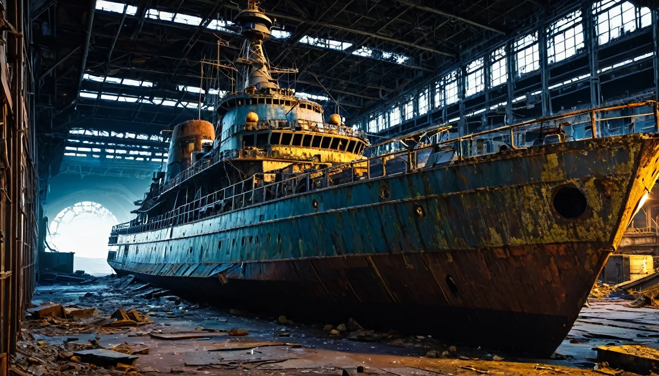 large rusty warship abandoned post apocalyptic night inside city