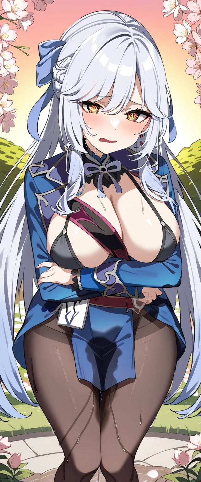 (masterpiece:1.37), Highest quality, (Very detailed:1.37), (One Girl:1.5), woman, (mature:1.5), (Adult:1.5), jingliu, Gray Hair, Long Hair, ponytail, Hair Ribbon, Red eyes, Earrings, jewelry, dress, pantyhose, (Pelvic Curtain:1.5), (Very detailed eyes:1.37), (get wet:2.0), despair, (Are standing:1.5), Embarrassing, humiliation, blush, anger, cherry blossoms, garden, (Golden Hour:1.5), whole body, (Crossing your legs:1.5), From above