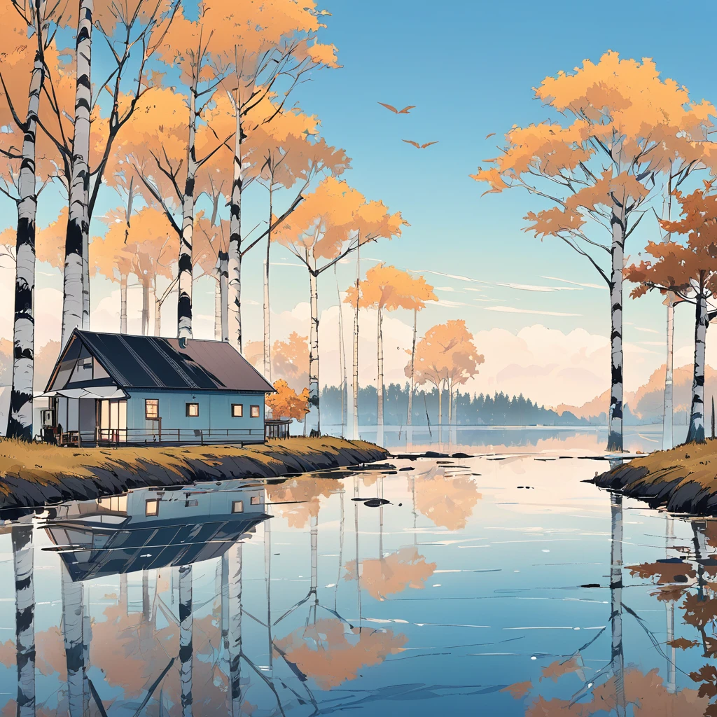 Ink line drawing pastel rendering,Simple style,modern style,Nordic rural landscape,clear blue sky,river flowing horizontally,The background is a row of straight deciduous birch trees,林前水岸邊一間一層樓的modern style歐式房舍,Reflection swaying in the water,There are three or five fallen leaves floating on the water.,Focus on houses and reflections。