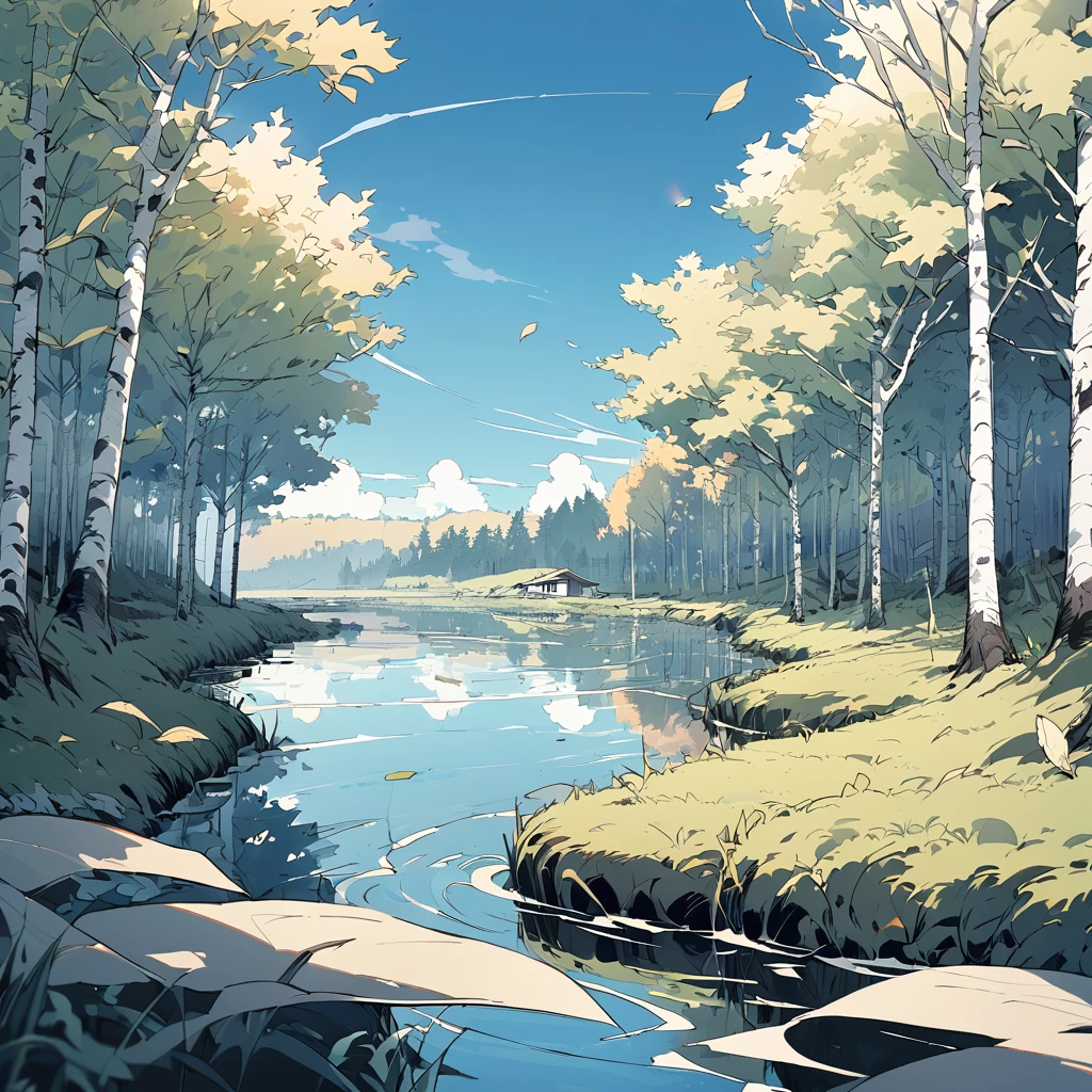 Ink line drawing pastel rendering,Simple style,modern style,Nordic rural landscape,clear blue sky,river flowing horizontally,The background is a row of straight deciduous birch trees,林前水岸邊一間一層樓的modern style歐式房舍,Reflection swaying in the water,There are three or five fallen leaves floating on the water.,Focus on houses and reflections。