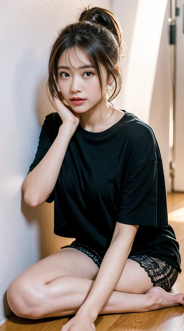 Dark brown hair、Light brown eyes、Japanese actress、 Lady、I am about 40 years old.......、(Intricate details:1.2)、 (Ultra-high resolution:1.2)、Ultra-high resolution、(Fine-tune)、(Detailed facial features)、Hmph、8k resolution、D cup size breasts、night、Sunlit terrace room、Large windows、Extravagant space、relax、、,Full body photo、Head to toe shot、Beautiful feet、black Loose fit openwork T-shirt、Underwear shorts、Beautiful feet、Bright terrace room with sunlight streaming in、she, household items, (plant:0.8), Fashion Hub, Very detailed, Very detailed, Realistic, Hourglass Shaped Body, Obscene pose,、Messy Hair、Messy ponytail、Leaning against a wall、I cry a lot、tears、Skin is visible through the knit、White floor、White wall、A masterpiece of transparent painting、