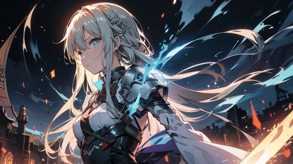 Asuna from Sword Art Online facing monsters in a dark dungeon。Strong armour on the arms。