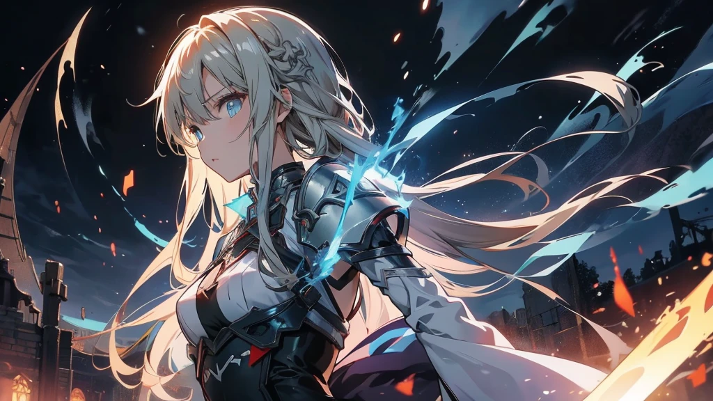 Asuna from Sword Art Online facing monsters in a dark dungeon。Strong armour on the arms。