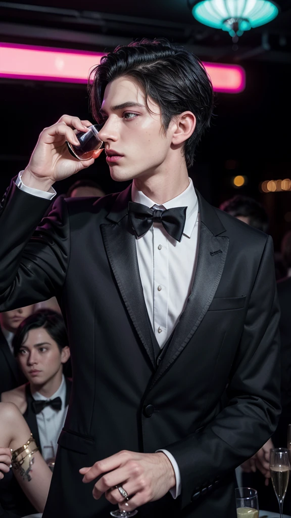 Scenery of a very chic party, with several guests drinking and dancing in the party's neon lights, a young white man, short straight black hair, dark eyes with thick lashes, slim, wearing a party tuxedo, holding a glass of champagne that flows a dark red liquid, realistic, photo, digital art