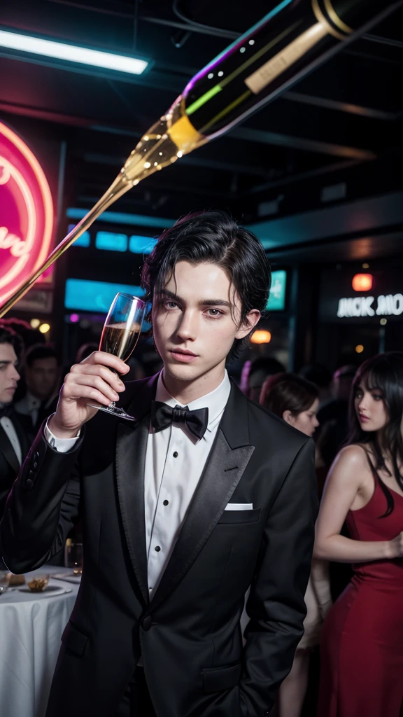 Scenery of a very chic party, with several guests drinking and dancing in the party's neon lights, a young white man, short straight black hair, dark eyes with thick lashes, slim, wearing a party tuxedo, holding a glass of champagne that flows a dark red liquid, realistic, photo, digital art