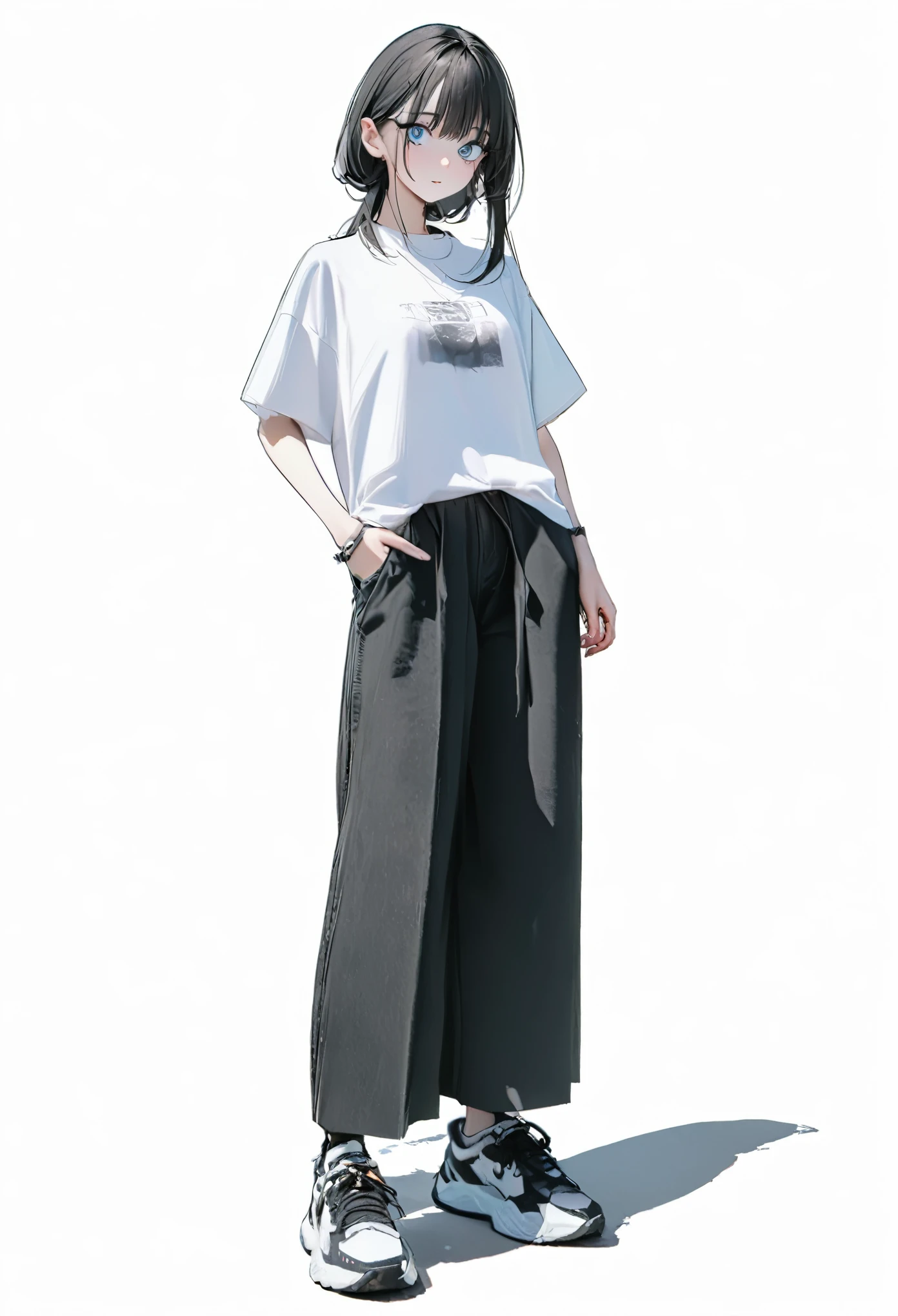 (Best, Highest quality: 1.2, 8K), Centre, Full Length, 1 Woman, Street Style Shirt, Black Wide Pants, Simple Sneakers, Simple Background, White Background, Large Eyes, Delicate Eyes, Beautiful Eyes