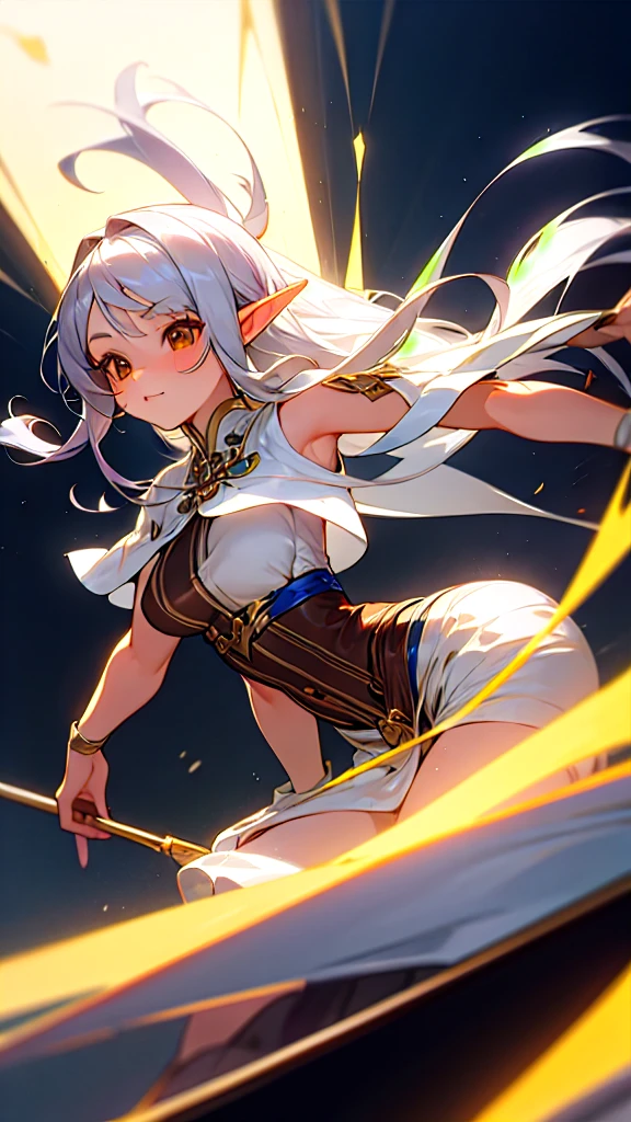 Cute, nice, beautiful, dynamic angle, 1 elf girl, solo, 1 woman, long hair, silver hair, brown eyes,