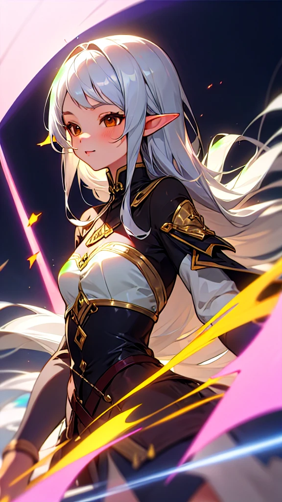 Cute, nice, beautiful, dynamic angle, 1 elf girl, solo, 1 woman, long hair, silver hair, brown eyes,