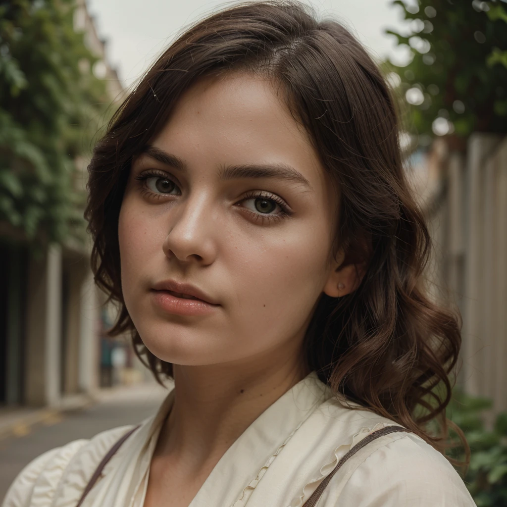 (a closeup of a beautiful on a 19th century street in a vintage dress), (Serious:0.5), (Highly detailed face:1.4), ass pov, Nikon D850, film stock photograph, 4 Kodak Portra 400, camera f1.6 lens, saturated colors, hyper realistic, lifelike texture, dramatic lighting, Cinestill 800, 19th-century Victorian style, Evening, Vintage lighting, Medium curly hair