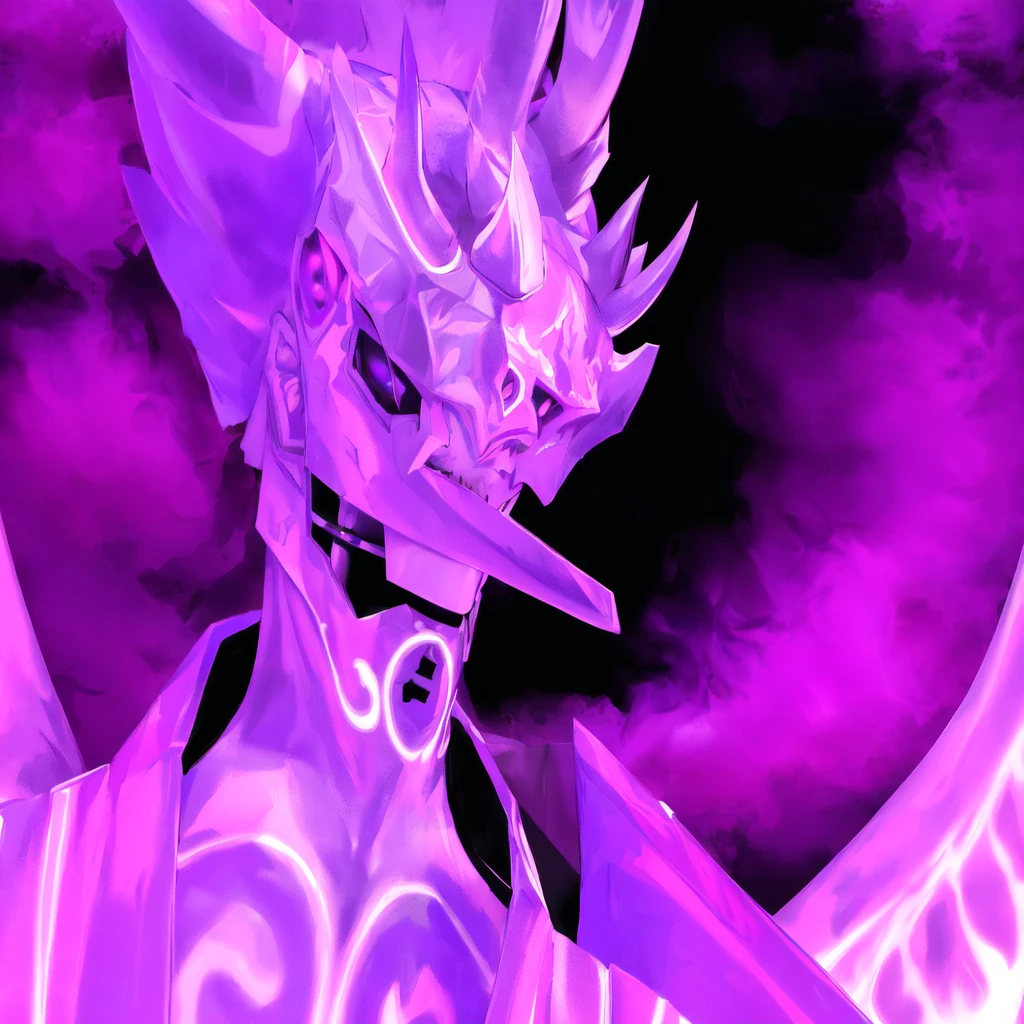 purple and black digital painting of a demonic looking creature, evil aura, male sasuke demon hybrid, menacing aura, transforming into his final form, purple ancient antler deity, sasuke sudano, purple glowing core in armor, full body close-up shot, realistic
