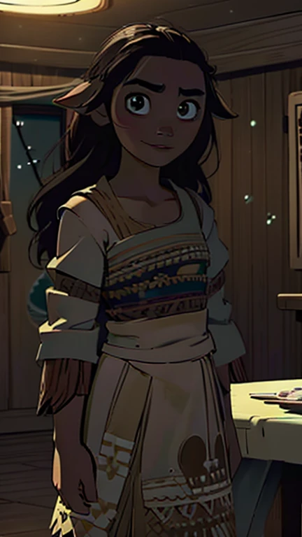 best quality,masterpiece,1girl,solo,(((13years old))),japanese girl,an extremely cute and handsome girl,highly detailed beautiful face and eyes,petit,cute face,lovely face,baby face,shy smile,show teeth, Black hair,long hair,flat chest,skinny,slender,(((wearing a moana))),(((standing in Dark Midnight reelunsettling
indoors
solo))),she is looking at the viewer,StopMotion style,upper body, (at night, darkness, no light:1.4)