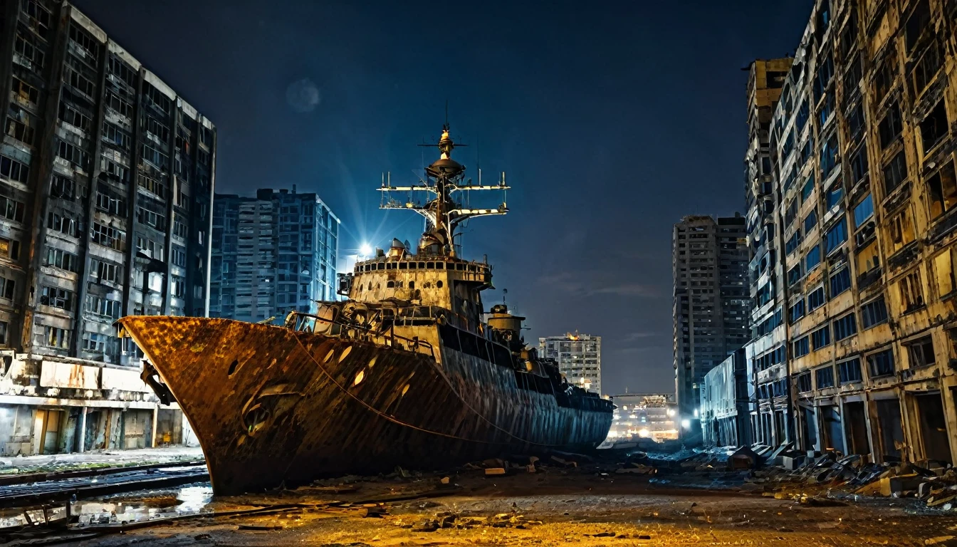 large rusty warship abandoned post apocalyptic night inside city between buildings