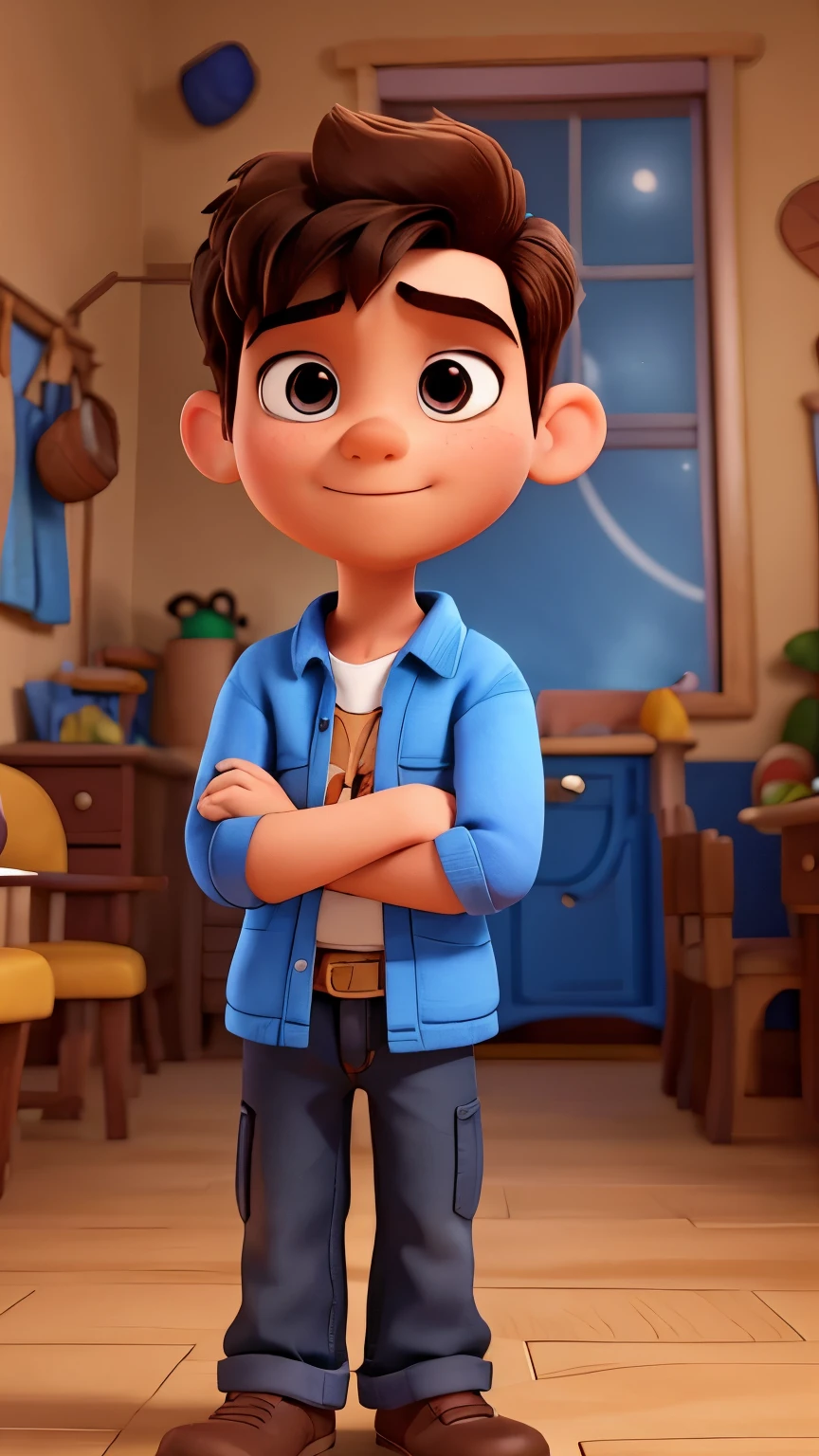 Image of a young boy in Disney 3D Pixar format, He has a thin beard, his arms are crossed, looking at the camera. He's the leader of the class, He is extroverted, playful