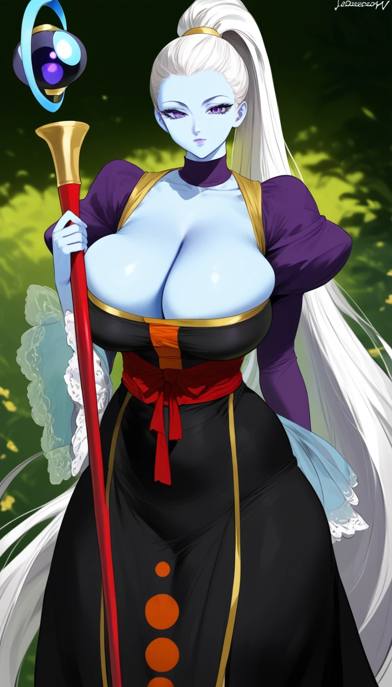 mixed_artwork style, cleavage, 1 girl, standing alone, hands, beautiful woman,(best quality, 4K, master part :1.3), beautiful woman, Hyper realistic, 1 girl, attractive body :1.2), (Same, Ultra-detailed face, Detailed lips, detailed eyes, VadosSDXL, 1girl, solo, long hair, huge breasts, looking at viewer, large breasts, Sexy body, cleavage, long sleeves, dress, holding, very long hair, purple eyes, ponytail, white hair, puffy sleeves, sash, colored skin, high ponytail, juliet sleeves, staff, puffy long sleeves, holding staff, blue skin, hair pulled back,