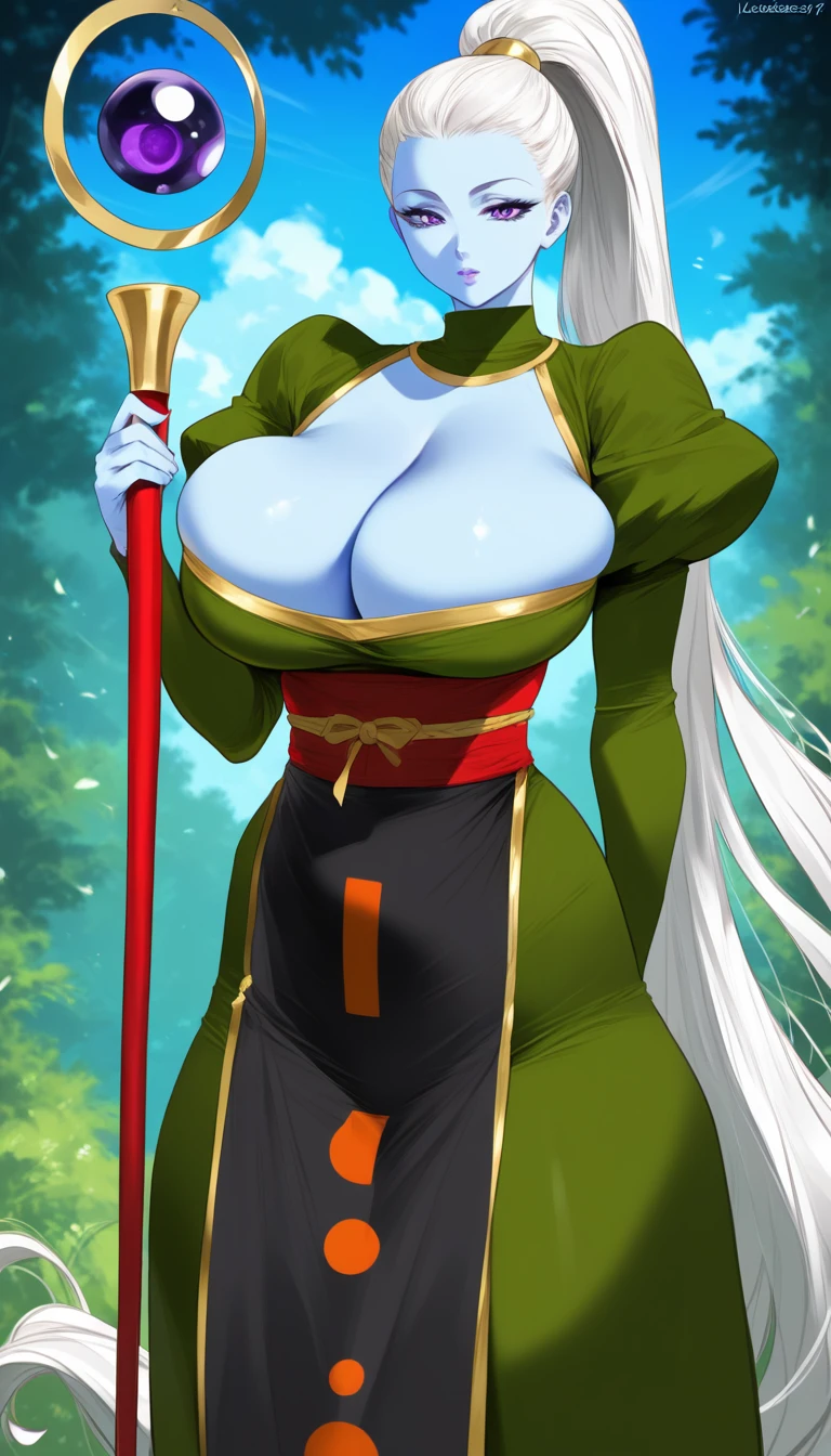 mixed_artwork style, cleavage, 1 girl, standing alone, hands, beautiful woman,(best quality, 4K, master part :1.3), beautiful woman, Hyper realistic, 1 girl, attractive body :1.2), (Same, Ultra-detailed face, Detailed lips, detailed eyes, VadosSDXL, 1girl, solo, long hair, huge breasts, looking at viewer, large breasts, Sexy body, cleavage, long sleeves, dress, holding, very long hair, purple eyes, ponytail, white hair, puffy sleeves, sash, colored skin, high ponytail, juliet sleeves, staff, puffy long sleeves, holding staff, blue skin, hair pulled back,