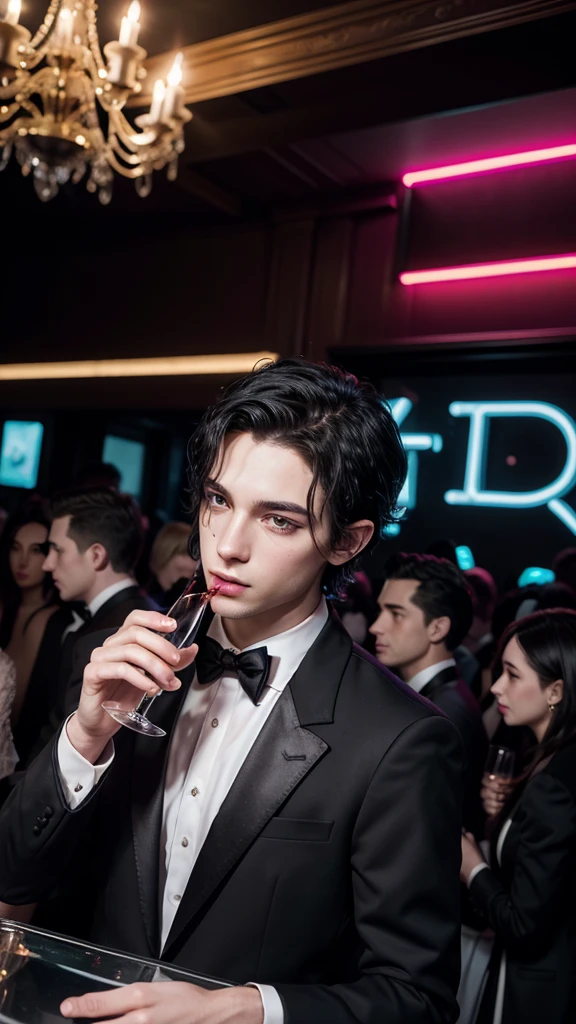 Scenery of a very chic party, with several guests drinking and dancing in the party's neon lights, a young white man, short straight black hair, dark eyes with thick lashes, slim, wearing a party tuxedo, holding a glass of champagne that flows a dark red liquid, realistic, illustration, digital art
