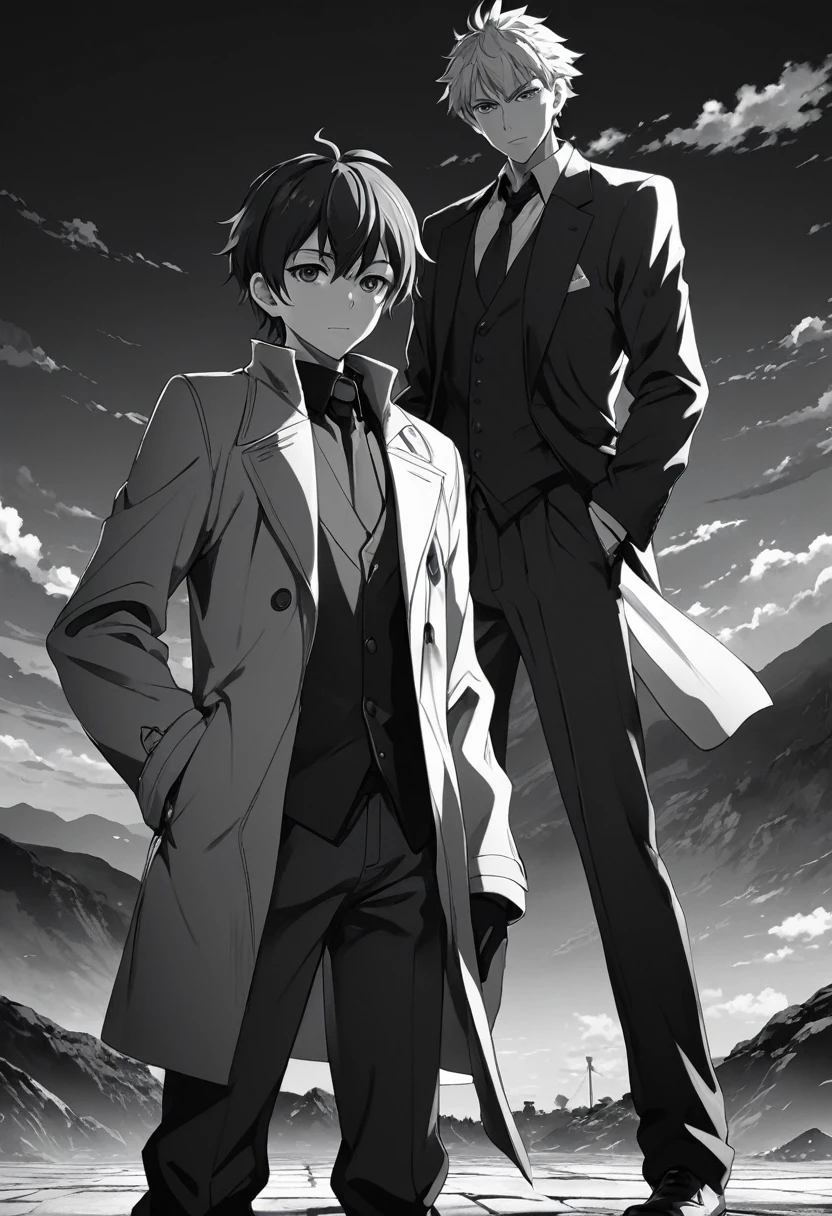 anime styling, monochrome,coal, standing alone, looking ahead at viewer, another middle aged man with his hand on the boy&#39;s shoulder, blond man, Baba, shorth hair, 1 young boy, omori, shota, cloused mouth,Bblack hair, (armpit:1.3), (regatta), male focus, simple background, shiny pupils, Contour, black sweatshirt, white Contour, whole body,