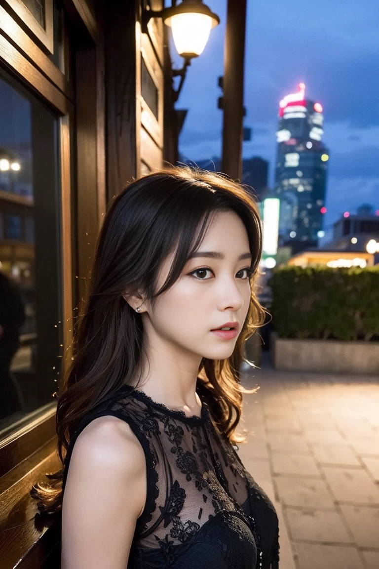 Dark brown hair、Light brown eyes、Japanese actress、 Lady、I am about 40 years old......、(Intricate details:1.2)、(Which is the top??????:1.4)、 (Ultra-high resolution:1.2)、Ultra-high resolution、(Fine-tune)、(Detailed facial features)、Hmph、8k resolution、D cup size breasts、Long Hair、Rooftop Bar、Night view、Extravagant space、relax、、,Full body photo、Head to toe shot、Beautiful legs、Camisole dress、Beautiful legs、she,   Fashion Hub, Attention to detail, Very detailed, Realistic, Hourglass Shaped Body,  pose,、、私 cry a lot、tears、diagonally from below、please lift your chin、Press your  against the wall、relaxした表情、Pose of Weakness、(auraroid photo:1.2)、From outside the window、A masterpiece of transparent painting、8k、32K、Highest quality、(Details of both eyes)、1 girl、elegant、(Loose black dress :1.4)、Night view。(Low Angle、Look up and look at me:1.2)、Hilarious、Looking into the camera、