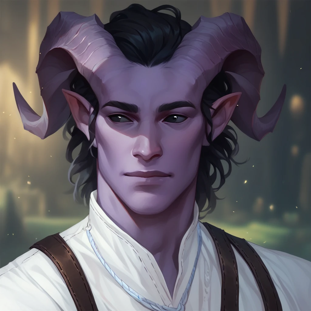 (((beautiful, high quality))), portrait, score_9, score_8_up, score_7_up, Tiefling, pointed ears, horns, colored sclera, 1man, full body, purple skin, black hair, black eyes, white shirt, fantasy background, blurred background