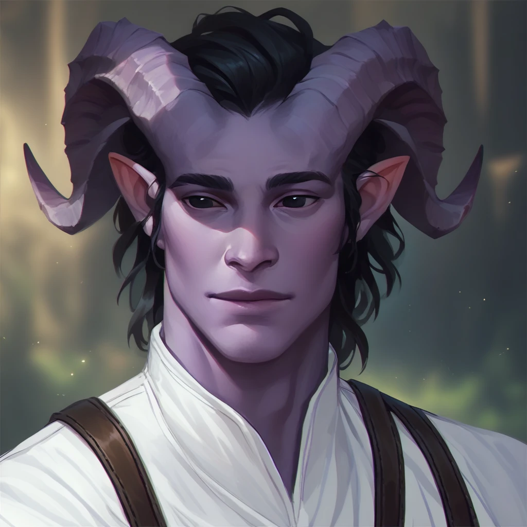 (((beautiful, high quality))), portrait, score_9, score_8_up, score_7_up, Tiefling, pointed ears, horns, colored sclera, 1man, full body, purple skin, black hair, black eyes, white shirt, fantasy background, blurred background