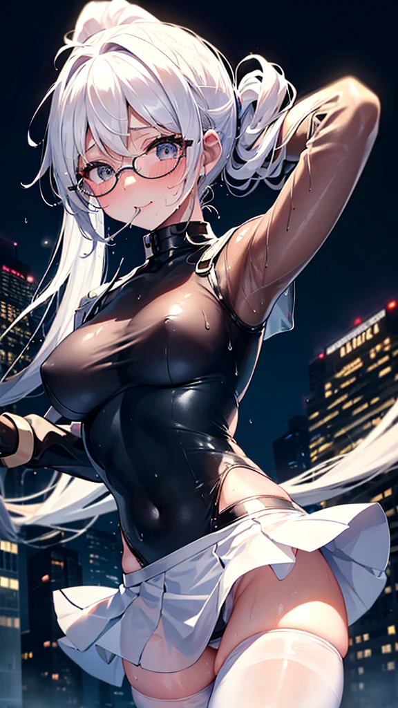 woman,,,city,night,(((White tight mini skirt bodysuit))),(Wet with sweat),Laughing with your mouth open((See through))Glasses,((Beautiful long ponytail)),((Girl&#39;s body type)),blush、Surprised face,(((Tentacles wrap around the body)))(((Violated by tentacles)))(((Tentacles wrap around the body)))(((Violated by tentacles)))