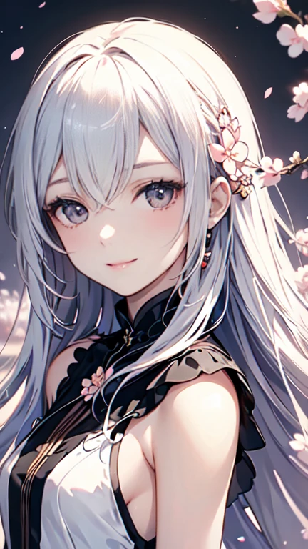 (masterpiece)、(Highest quality)、Highly detailed face、Anime Women、1 female、
Black long hair,Clear black eyes,Small breasts,Beautiful gentle smile,
Spring-like clothes、Cherry Blossom、Petals flutter
