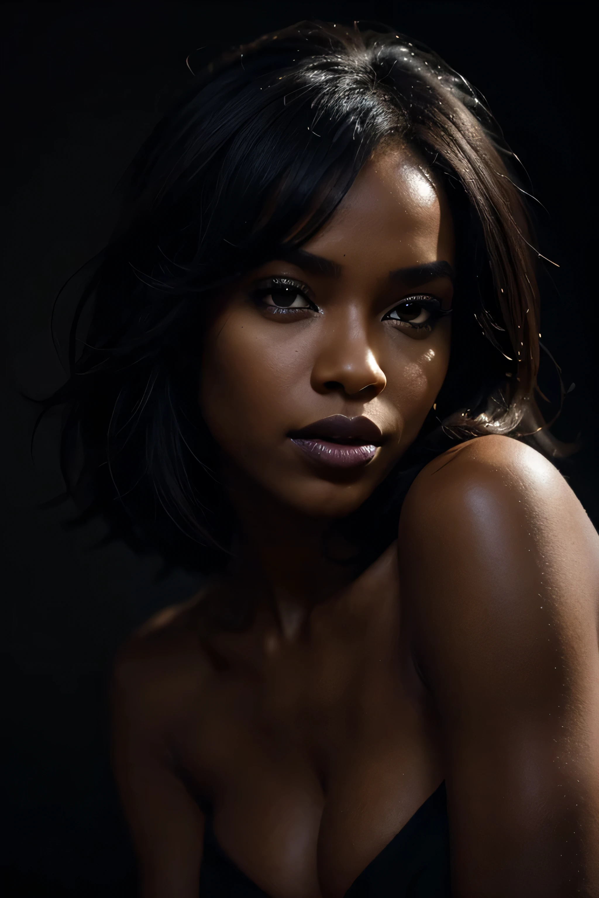 full body of a ebony woman, (to8contrast style), (Close-up portrait), open mouth, 8k RAW photo, highest quality, detailed eyes, eye reflection, winged eyeliner, (looking at the viewer:1.3), perfect eyes, best shadow, intricate details, interior, (bold hair:1.3), muted colors, high contrast style, glam shot, smoldering, (sultry:1.1), dof, bokeh, intense, languid, tempting, sensual, seductive, longing, yearning, smitten, dark photography studio, minimal lighting, deep shadows, stark contrasts, dramatic highlights, (black backdrop:1.2), dimples, fullness, plumpness, natural blue lips, bold color, alluring, captivating, striking, unforgettable, stunning, breath-taking, timeless beauty. (bare shoulders:1.2), headshot