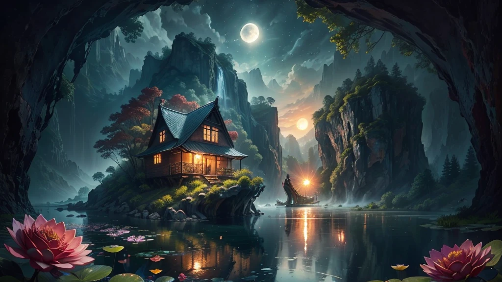 night fisherman in canoe, it is night on the pond, man in boat fishing, silhouette of boat and fisherman in pond, huge full moon, arm of the Milky Way, country cabin, sunset, fog in the forest, waterfall flows into pond, pond with garden, flowers and water lily in pond, rock bridge, epic landscape, oil painting art, watercolor art, trend in artstation, trend in CGSociety, intricate, high detail, dramatic, ((roses and flowers on the banks of the pond)), ((Oil painting)), ((rock bridge)), fisherman in boat in the middle of the scene, fisherman in boat carries lamp, fisherman in boat well detailed,