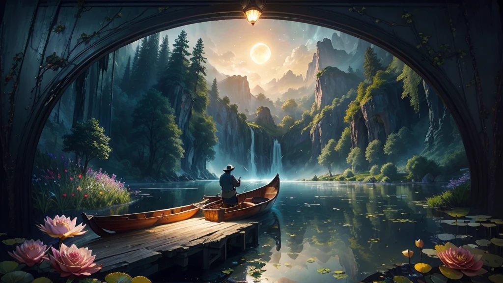 night fisherman in canoe, it is night on the pond, man in boat fishing, silhouette of boat and fisherman in pond, huge full moon, arm of the Milky Way, country cabin, sunset, fog in the forest, waterfall flows into pond, pond with garden, flowers and water lily in pond, rock bridge, epic landscape, oil painting art, watercolor art, trend in artstation, trend in CGSociety, intricate, high detail, dramatic, ((roses and flowers on the banks of the pond)), ((Oil painting)), ((rock bridge)), fisherman in boat in the middle of the scene, fisherman in boat carries lamp, fisherman in boat well detailed,