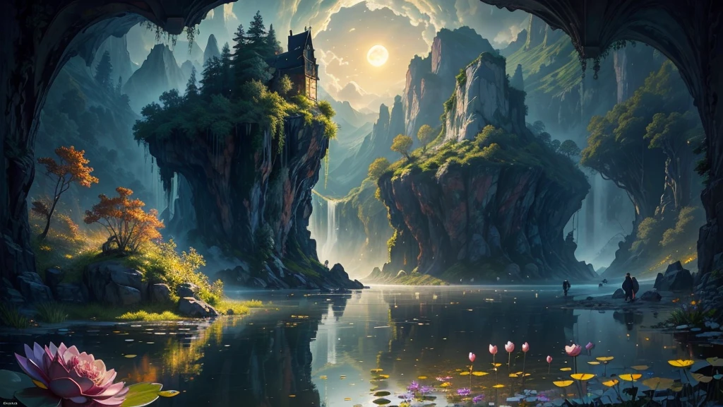 night fisherman in canoe, it is night on the pond, man in boat fishing, silhouette of boat and fisherman in pond, huge full moon, arm of the Milky Way, country cabin, sunset, fog in the forest, waterfall flows into pond, pond with garden, flowers and water lily in pond, rock bridge, epic landscape, oil painting art, watercolor art, trend in artstation, trend in CGSociety, intricate, high detail, dramatic, ((roses and flowers on the banks of the pond)), ((Oil painting)), ((rock bridge)), fisherman in boat in the middle of the scene, fisherman in boat carries lamp, fisherman in boat well detailed,