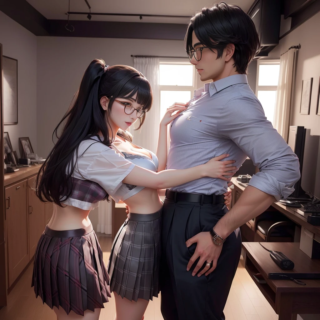 masterpiece, anime image of a man and a woman in a room,, , couple pose, a woman is bra and skirt and glasses and gray Plaid pleated skirt,