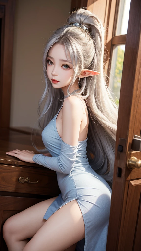 Cute, nice, beautiful, dynamic angle, 1 elf girl, solo, 1 woman, long hair, silver hair, brown eyes,