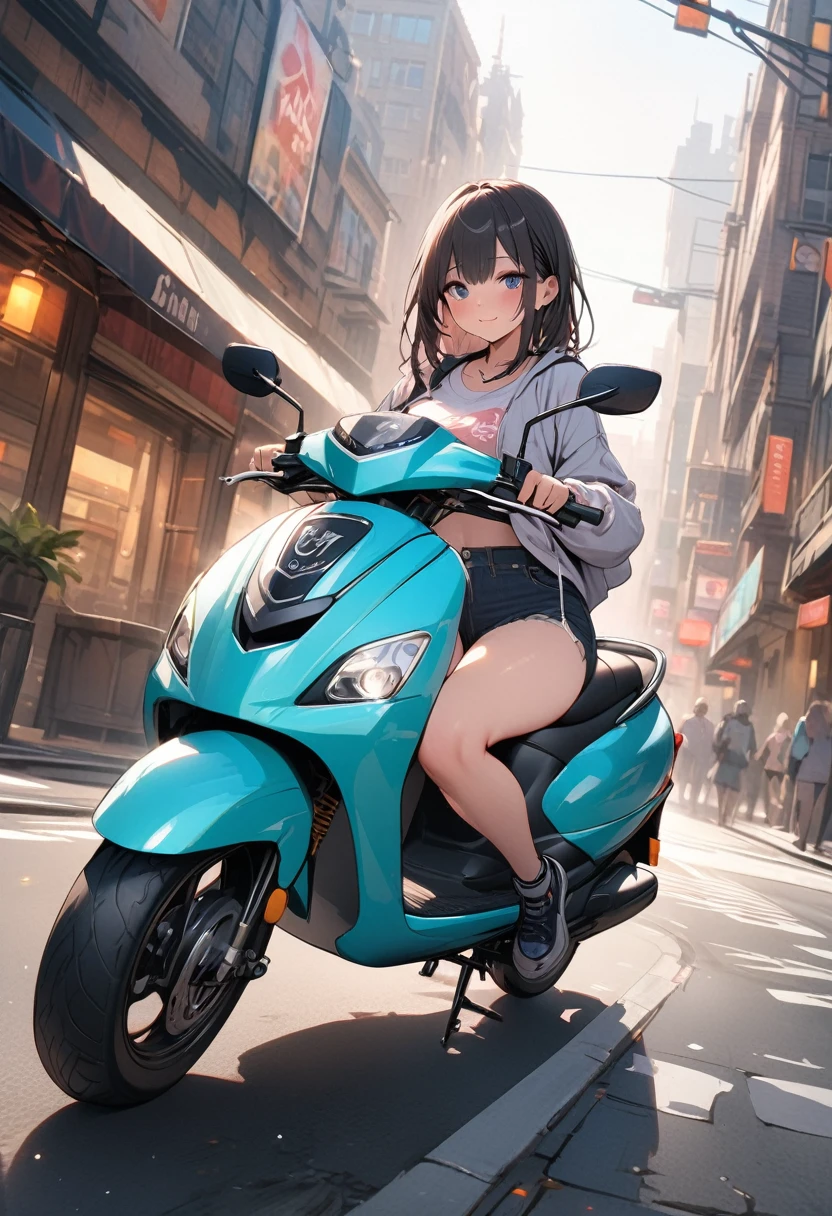 ((Highest quality))、((masterpiece))、(detailed)、((Anatomically correct))、(High resolution、8k)、One Woman、Riding a scooter、City、
