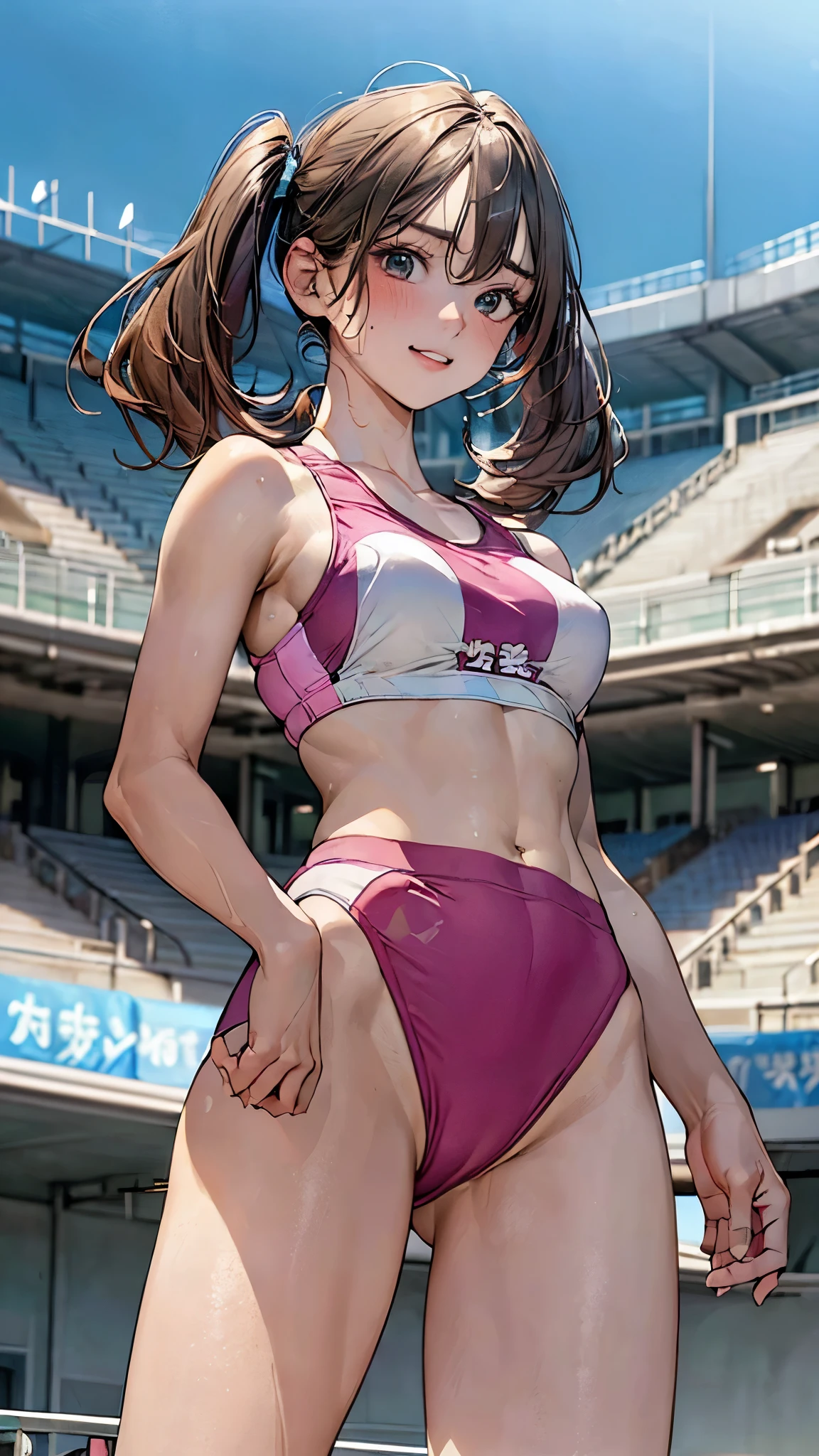 (masterpiece:1.2, top-quality), (realistic, photorealistic:1.4), beautiful illustration, (natural side lighting, movie lighting), depth of fields, (photograph), 
beautiful detailed hair, beautiful detailed face, beautiful detailed eyes, beautiful clavicle, beautiful body, beautiful chest, beautiful thigh, beautiful legs, beautiful fingers, 
looking at viewer, (thighs, from below:1.3), 1 girl, 18 years old, (perfect anatomy, anatomically correct, super detailed skin), perfect face, parfect eyes, cute and symmetrical face, 
(middle hair, low twintails, light brown hair), hair between eyes, emerald green eyes, big eyes, long eye lasher, (medium breasts, seductive thighs), slender, shiny skin, babyface, 
(pink track uniforms, sportswear, sports bras, sports bikinis:1.3), sweaty, 
(beautiful scenery), evening, (track and field:1.2,), standing, (cute smile, parted lips), 