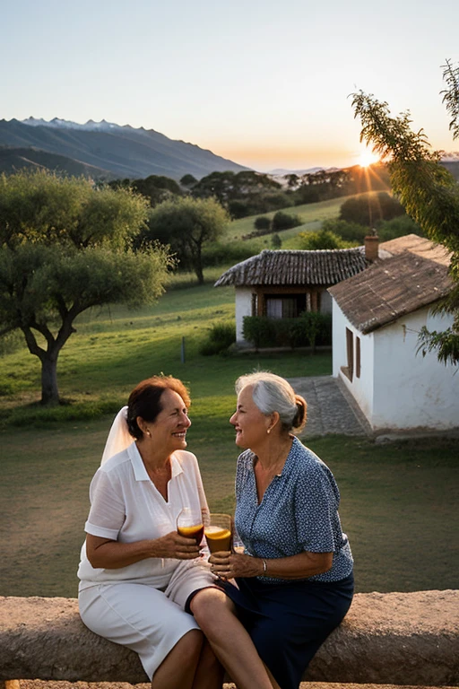 Two old, married Argentinian women drinking mate together in an idyllic scene in front of their rural house with the sunrise