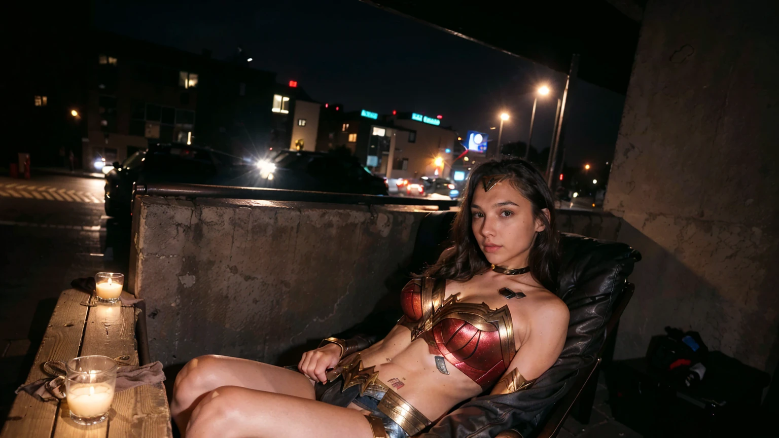 ((masterpiece), (solo character), (photorealistic:1.4), ),(best quality), (epiCRealLife), (g4lg), (wonder woman bra top), (g4lg show abs), (g4lg show cleavages), (Gal Godot in wonder woman costume), (lora:epiCFlashPhoto),(flashphoto), (flash photography) (look at viewers), (outdoor), (Eifel Tower), (night time), (city night lights), (street coffee shop), (sitting on at coffee shop chair), (coffee table), (from above), (landscape photos), (looking at viewers), (at night), (night time), (zoom out)