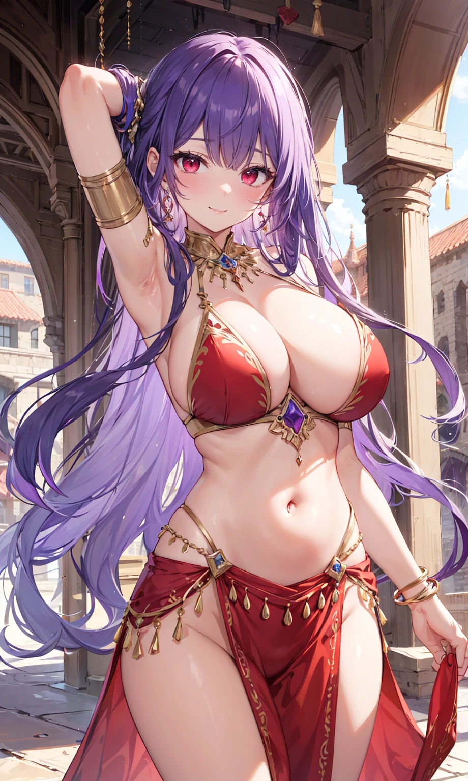 high quality, ultra detailed, best quality, insanely detailed, beautiful, masterpiece, 1girl, medieval plaza, cowboy shot, red eyes, long hair, purple hair, belly dancer, circlet, earrings, armlets, bracelets, bashful smile, large breasts, cleavage, soft stomach