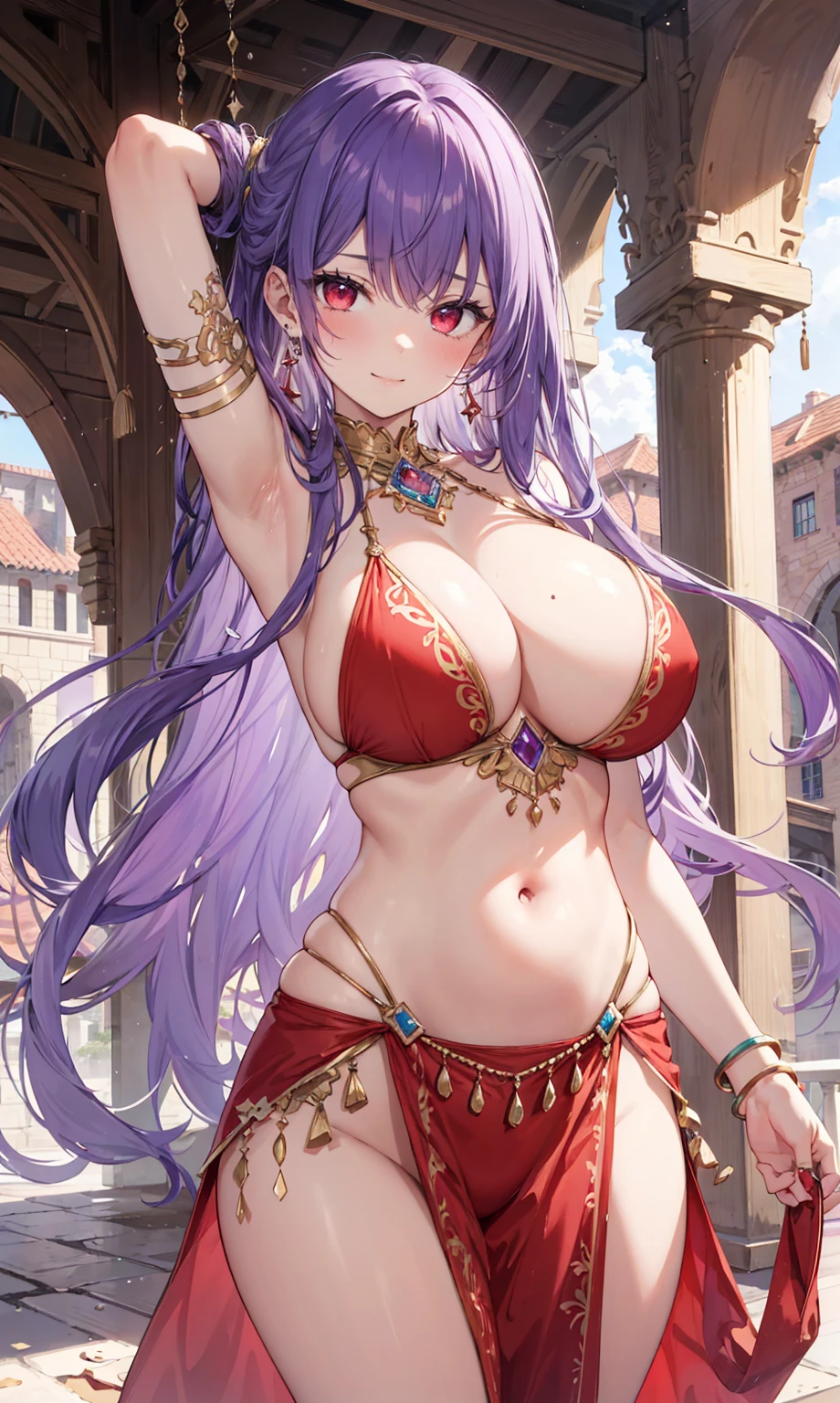 high quality, ultra detailed, best quality, insanely detailed, beautiful, masterpiece, 1girl, medieval plaza, cowboy shot, red eyes, long hair, purple hair, belly dancer, circlet, earrings, armlets, bracelets, bashful smile, large breasts, cleavage, soft stomach
