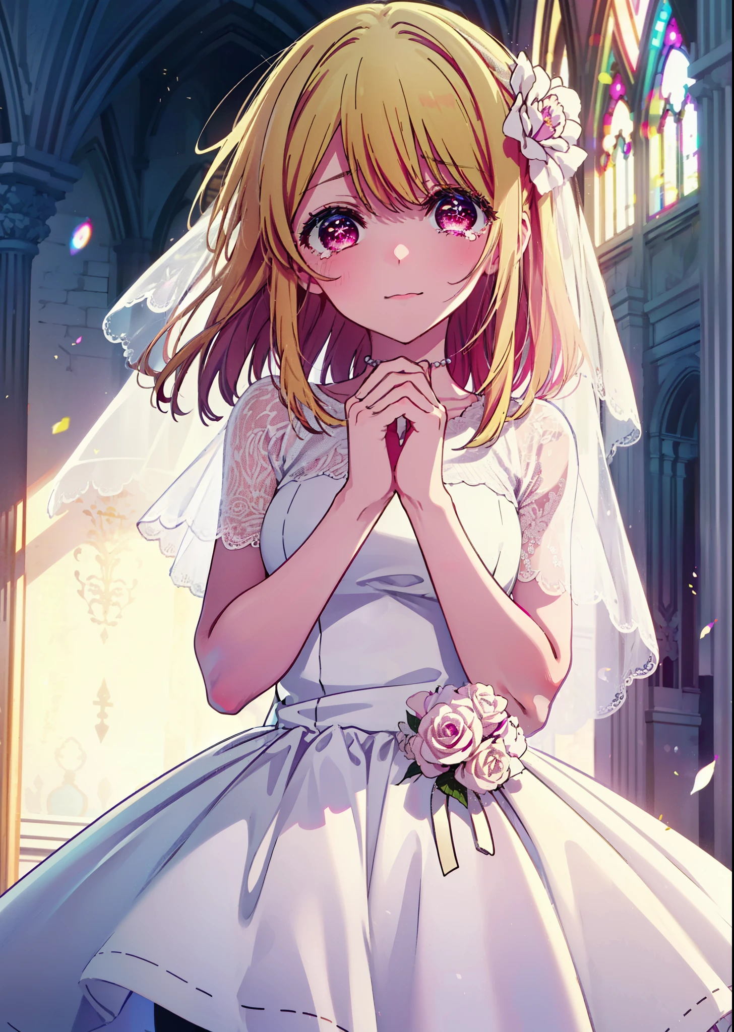 rubyhoshino, Ruby Hoshino, Long Hair, bangs, Blonde, (Pink Eyes:1.3), (Symbol-shaped pupil:1.5), Multicolored Hair, Two-tone hair, smile,Open your mouth,Close both eyes,Tears stream down her face,Tears of joy,I cry a lot,Wedding dress,Bare neck,necklace,Short sleeve,Wedding Skirts,Veil,Holding a bouquet in both hands,wedding,Flower storm,
break indoors, church,Chapel,
break looking at viewer,Upper Body, (Cowboy Shot:1.5),
break (masterpiece:1.2), Highest quality, High resolution, unity 8k wallpaper, (figure:0.8), (Beautiful attention to detail:1.6), Highly detailed face, Perfect lighting, Highly detailed CG, (Perfect hands, Perfect Anatomy),